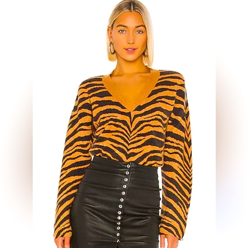 RAILS Eleanor V Neck Sweater in Chestnut Tiger Stripe Wool & Cashmere Revolve